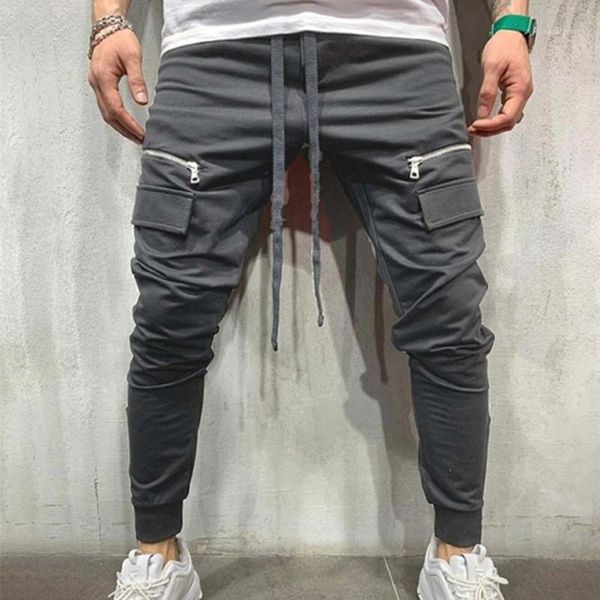 

street solid color zipper pockets men trousers casual skateboard clothing slim hiphop mens cargo pants high, Black