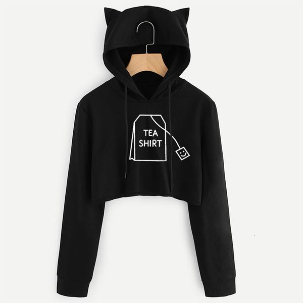 

women crop hoodie tea shirt print sweatshirts long sleeve funny casual lovely harajuku style plus size cropped hoodies, Black
