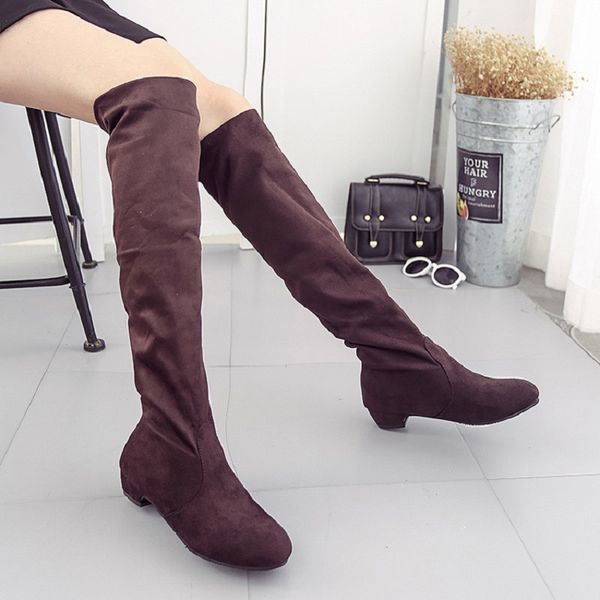 

woman shoes autumn winter thigh high boots ladies low heels slip on over the knee long boots botas mujer plus size, Black