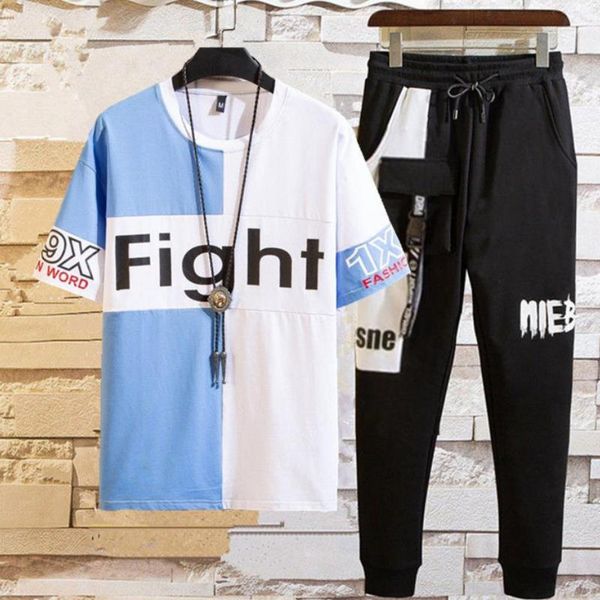 

fashion men's tracksuit sets hip hop clothes streetwear summer male short sleeve t-shirt and pant two pieces casual sportswear, Black;blue