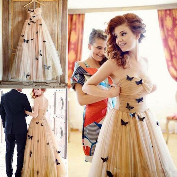

3d butterfly applique prom dresses champagne ruffles strapless evening gowns soft tulle cocktail women formal party dress floor length, Black;red