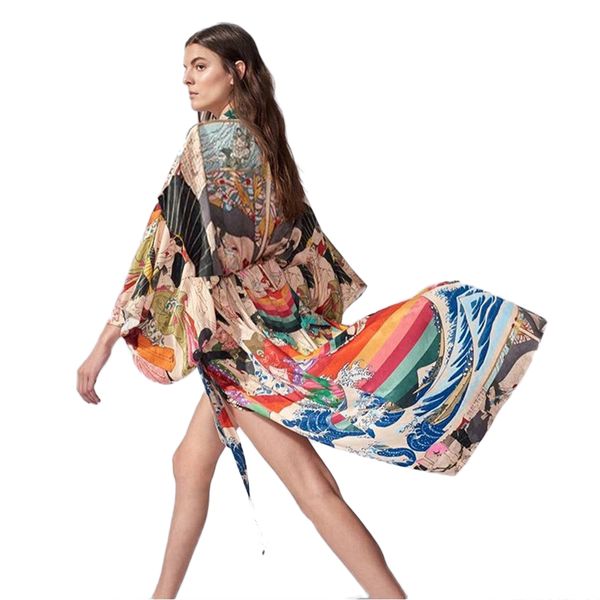 Moda- japonês retro moda kimono casacos gueixa garota floral impressão verão casual trench vitange manga longa enorme capas bohemian com faixa