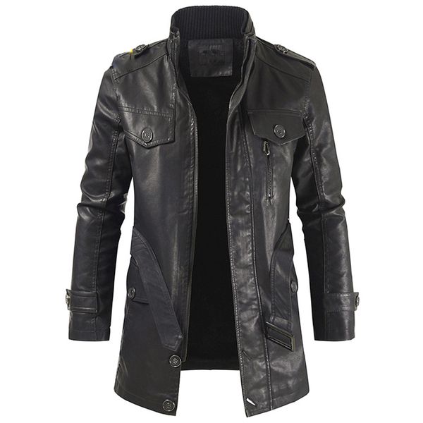 

men winter casual long warm fleece pu leather jacket coat men outwear thick punk motor vintage leather jackets men, Black;brown