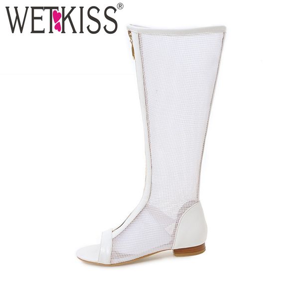 

boots wetkiss 2021 brand summer knee mesh zipper open toe low heels footwear arrival fashion ladies handmade shoes big size, Black