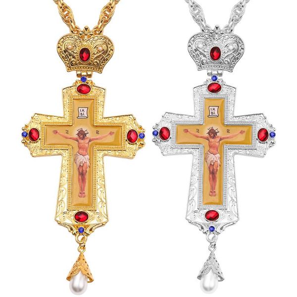 

pendant necklaces gold silver color jesus cross pectoral with box crown religiou byzantine catholic crucifix necklace imitation pearl
