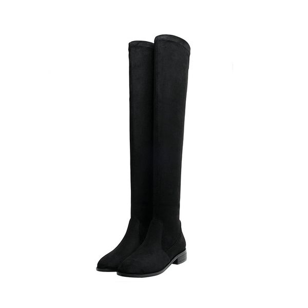 

tight high warm winter snow boots long shoes suede leather over the knee high boots women low heels party shoes woman, Black