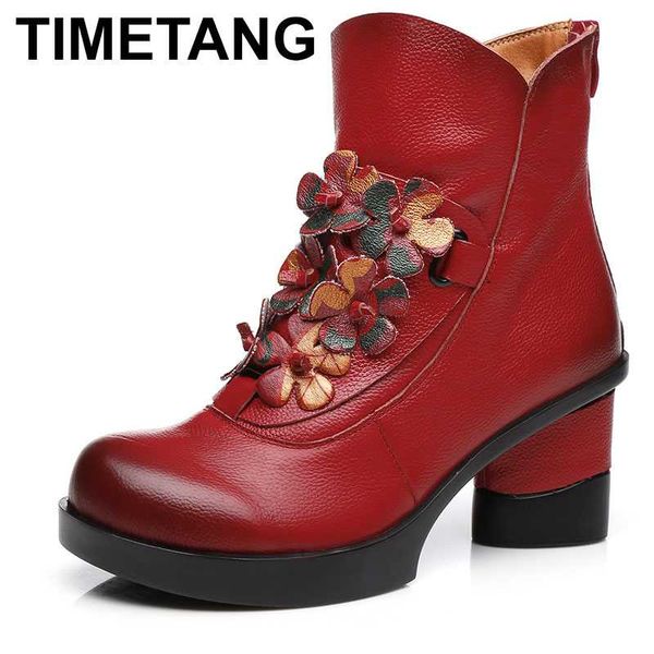 

boots timetang noble elegant handmade flower women shoes fashion boots2021 cowhide leather thick bottom high heel boot, Black