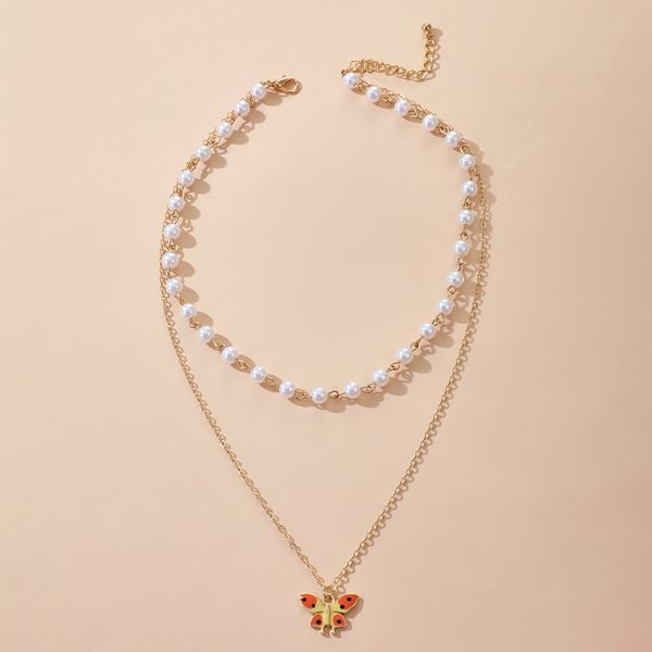 

women fashion fake pearl sweet simple clavicle chain necklace female jewelry korean small colorful butterfly pandant necklace, Silver
