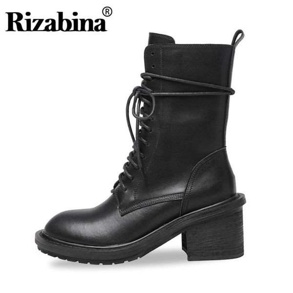 

rizabina women half short boots genuine leather add plush fur warm winter shoes women rivets buckle zipper high heels size 33-40, Black