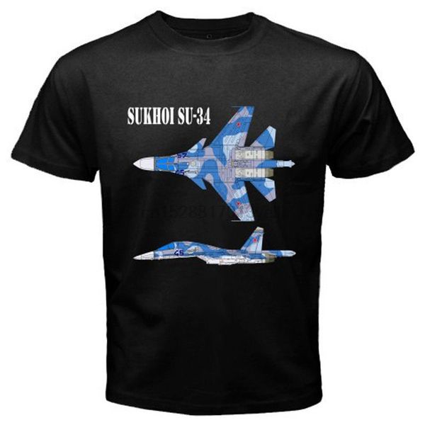 

2020 latest funny men crew neck new sukhoi su-34 fighter russian jet flanker mens black t-shirt size s to 3xl