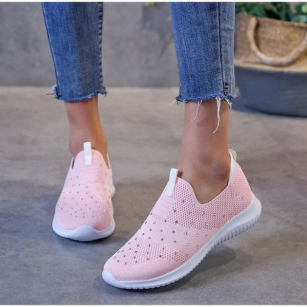 

2020 new flat shoes women knitting sock sneaker spring ladies slip on rhinestone casual women's shoes comfort female footwear, Black