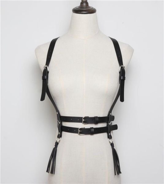 

fashion women leather harness tassel punk body bondage chest harness female black suspender belt adjustable wide belt, Black;brown