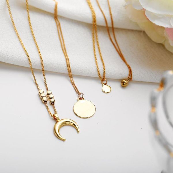 

womens multilayer clavicle chain golden plated link chain metal round moon pendant necklace long jewelry bohemian choker, Golden;silver