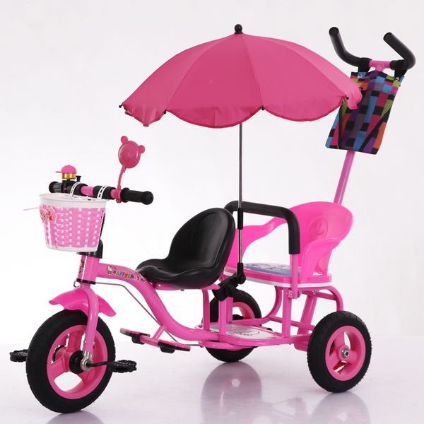 

rubber wheels tyres tandem trike double seat tricycle,steel frame twins tricycle for 2 kids blue and pink color for available