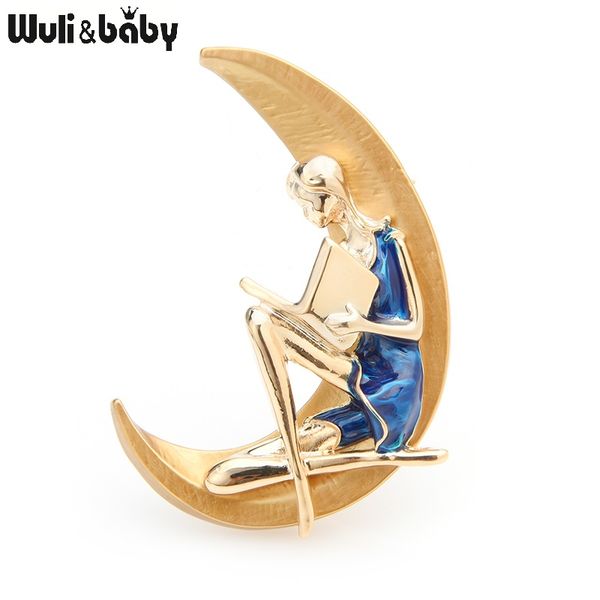 

pins, brooches wuli&baby blue red girl reading book on the moon women alloy personal design brooch pins year gifts, Gray
