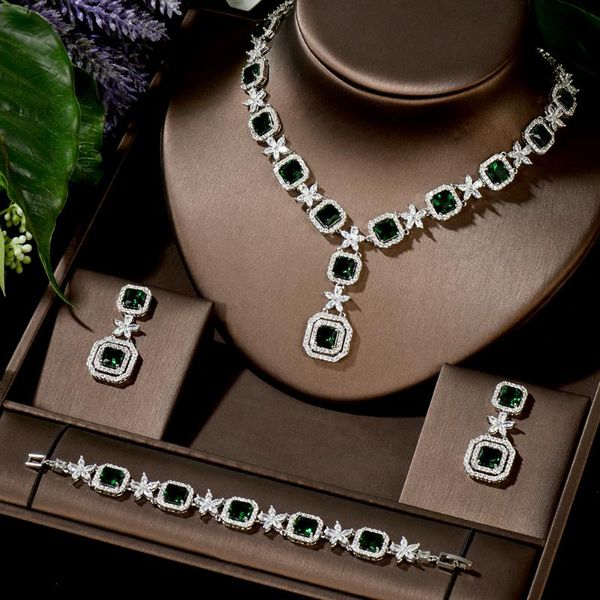 

earrings & necklace hibride trendy 4pcs square shape jewelry sets for women wedding full cubic zirconia dubai bridal 2021 dress n-1481, Silver