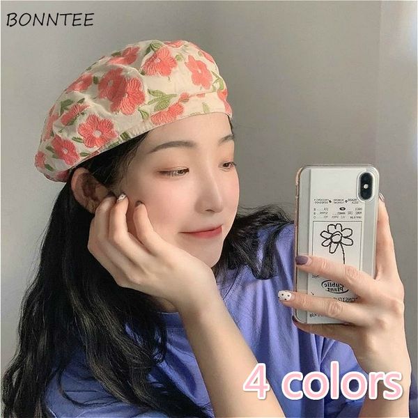 

berets women lovely floral embroidery trendy all-match girls beret ulzzang basic adjustable chic womens caps, Blue;gray