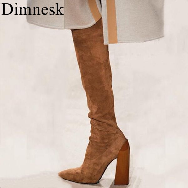 

pointy toe stretch over the knee boots women suede chunky high heel shoes autumn catwalk long thigh high boots female 2020, Black