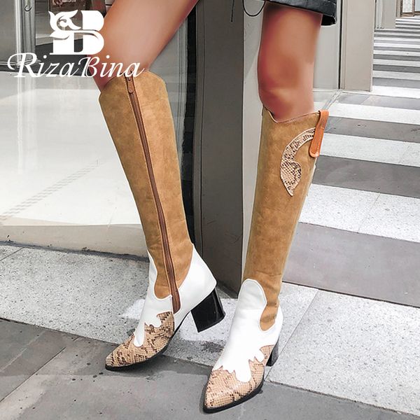 

rizabina plus size 32-48 wome knee boots fashion zipper warm fur winter shoes women patchwork long boots lady high heel footwear, Black