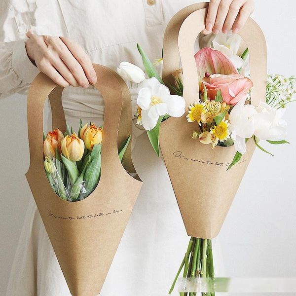 

10pcs creative handle kraft paper flower bags flowers wrapping gift flower packaging home decoration 9x31cm t200229