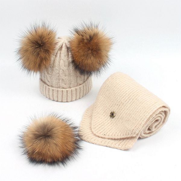 

dollplus children knitted hats scarf baby boy girl warm comfort really fur ball child wool caps solid winter outdoor warm hat, Yellow