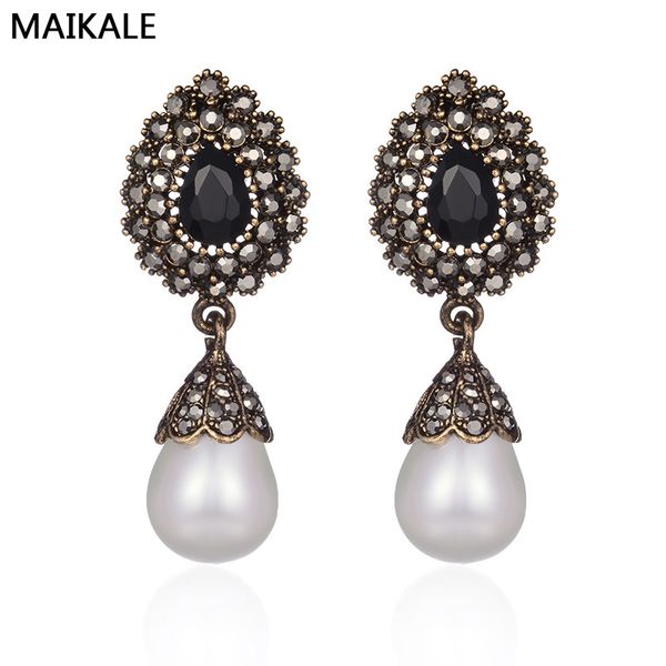 

stud maikale vintage pearl earrings black rhinestone big flower long with for women party jewelry gifts, Golden;silver