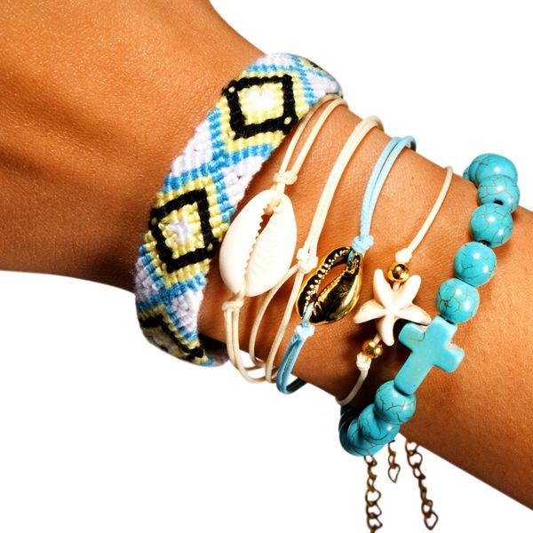 

6 pieces puka shell bracelet set cross beads weave boho fashion girl friendship charm bracelet summer jewelry, Golden;silver
