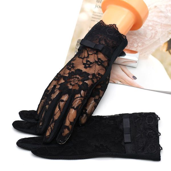 

five fingers gloves sunscreen lace for women anti-uv non-slip thin summer autumn touch screen driving glove size 24cm, Blue;gray