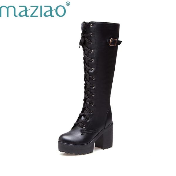 

maziao lace up knee high motorcycle boots for miss round toe buckle square high heels short plush winter women shoes white, Black