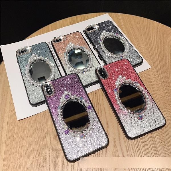 

designer fashion pearl makeup mirror female phone cover case for iphone x 11 pro xs max xr 10 8 7 6 6s plus soft case coque fundas