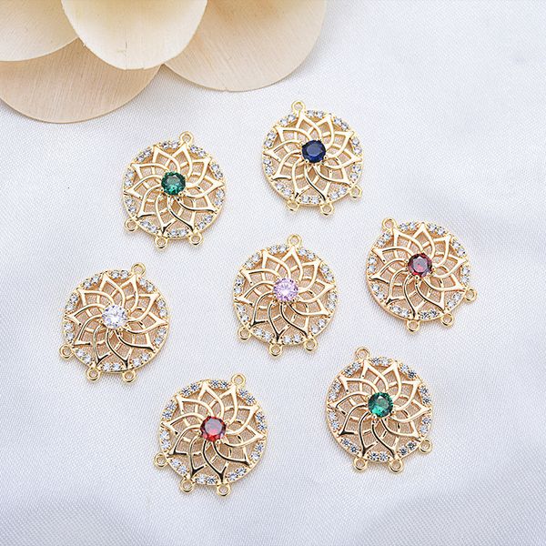 

2pcs 18x15mm 24k gold color plated brass with zircon hollow flower round charms pendants diy jewelry accessories, Bronze;silver