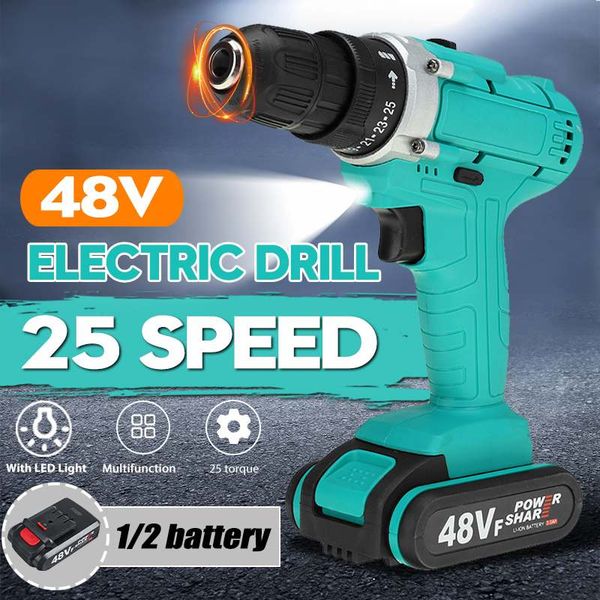 

48v 25 torque cordless impact drill electric screwdriver hammer drill wireless power driver with 2 lithium-ion battery 3/8-inch
