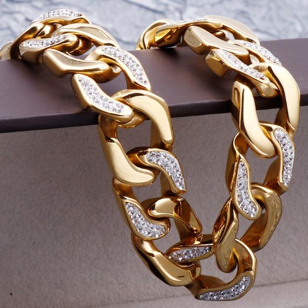 

luxury polished solid stainless steel gold chain bracelet men hiphop wristband male jewellery mens friendship bracelets bangles, Black