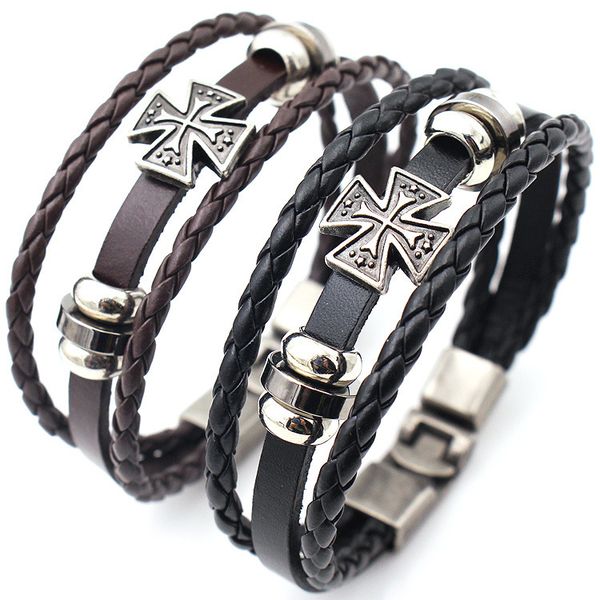 

fashion men leather bracelets vintage lucky poker card knight leaves bar charm multi-layer strand bracelet male jewelry gift, Golden;silver