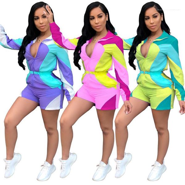 

sleeve shorts women clothes womens sunscreen jumpsuits fashion panelled color jumpsuits deep v-neck rompers with zipper casual long, Black;white