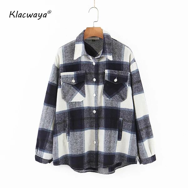 

women's jackets klacwaya vintage pockets oversized plaid jacket coat women 2021 fashion lapel collar long sleeve loose outerwear girl c, Black;brown
