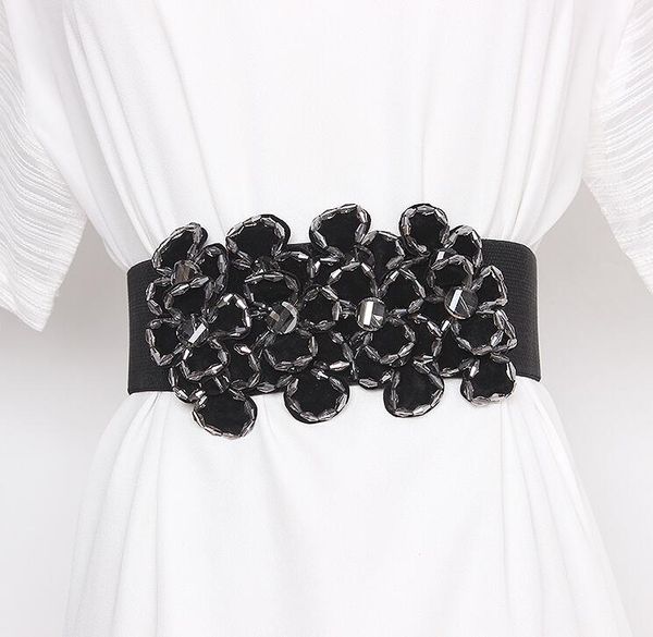 

women's runway fashion rhinestone beaded elastic cummerbunds female dress corsets waistband belts decoration wide belt r2856, Black;brown