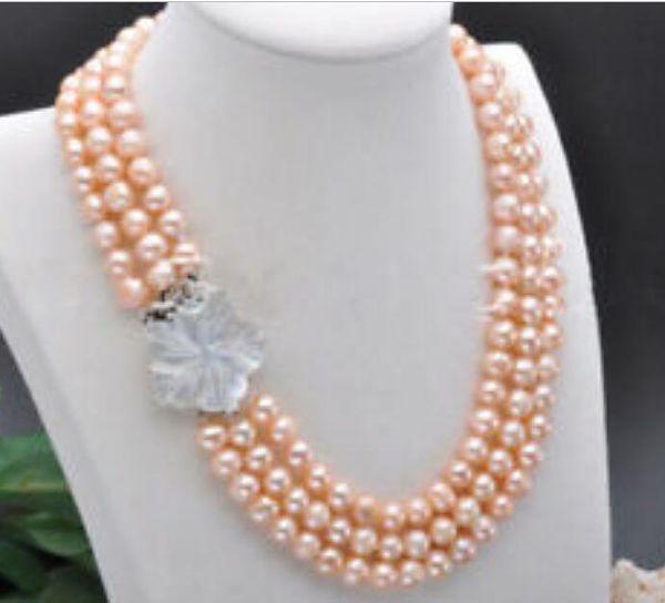 

fashion 3 rows 7-8mm real natural pink cultured pearl necklace 17-19, Silver