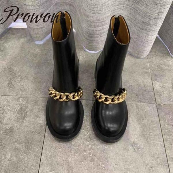 

ollymurs real leather gold silver metal chain ankle boots round toe zip back thick heel low heel boots shoes women, Black