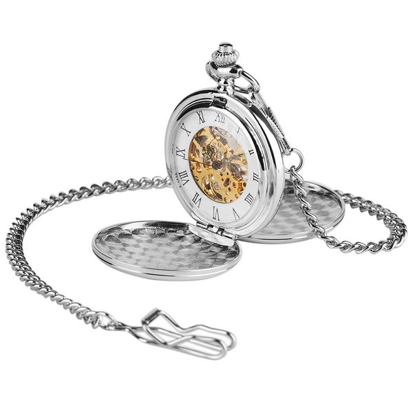 

Silver Smooth Case Vintage Roman Number Hand Wind Mechanical Pocket Watch Double Open Hunter case fob watches Men Women Gift T200502