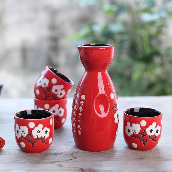 

hand painted red plum blossom japanese sake set ceramic sake bottle and cups 5 pieces elegant asian party housewarming gifts
