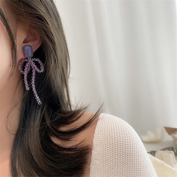 

2020 korean chic aesthetic romance purple beaded crystal bow dangle earrings for women girls egirl friends dating boho jewelry, Silver