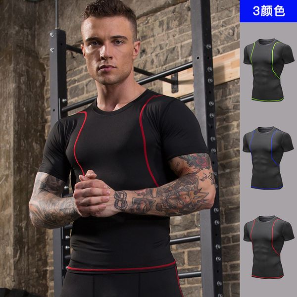 

men's fitness short sleeve outdoor athletic t-shirt running training elastic tight breathable quick drying clothes short sleeve, Black;blue