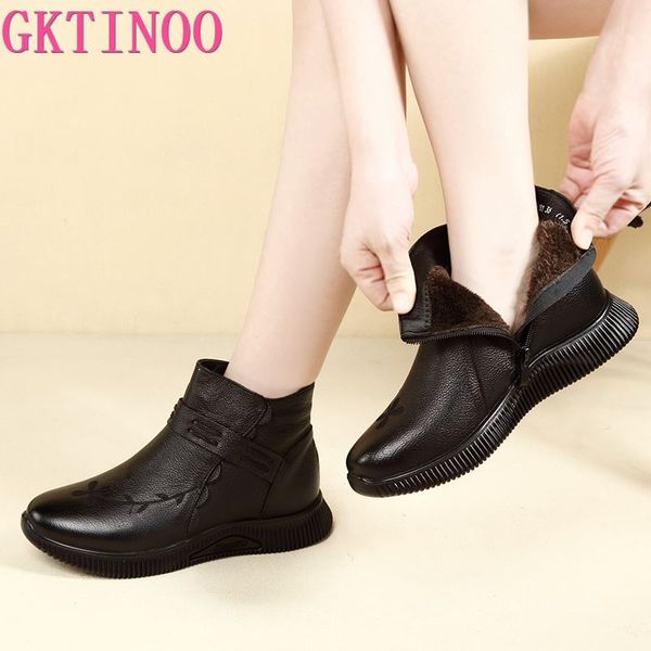 

gktinoo vintage handmade genuine leather women ankle boots casual snow boots winter ladies flat shoes zip rubber botines mujer, Black