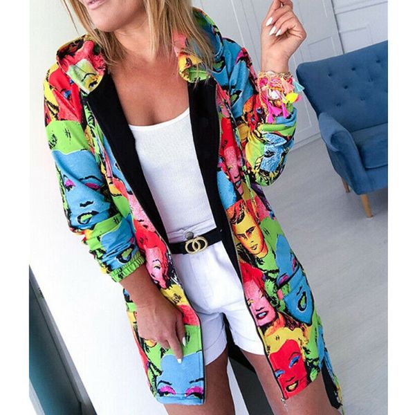 

fashion women's characters portraits printed jeacket coat casual long sleeve zipper up hooded outerwear streetwear, Tan;black