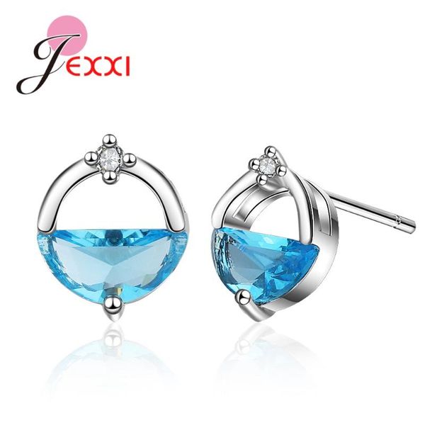 

stud korean 925 sterling silver jewelry concise design earrings blue white cubic zircon for women oorbellen, Golden;silver