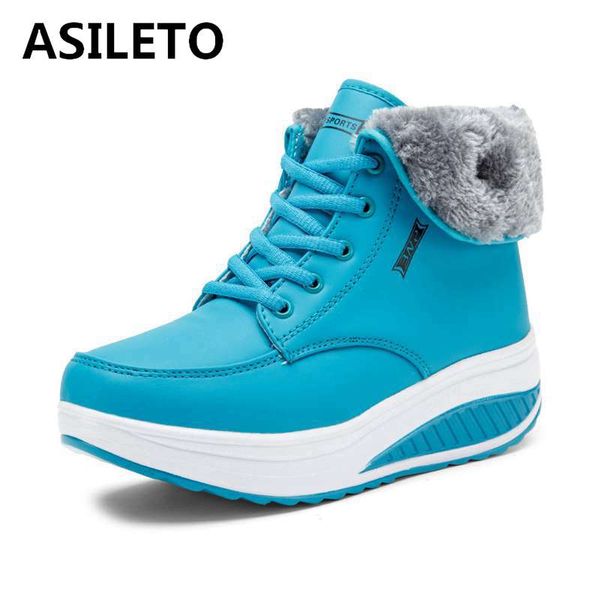 

asileto warm winte snow boots women wedge heels shoes woman cross tied shake bottom anti slip bottes botas casual footwear bota, Black