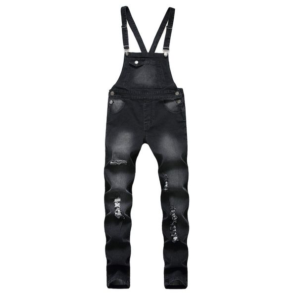 

men's jeans suspenders suspender denim jumpsuit ripped jeans, pants, fashionable work clothes, holes, Blue