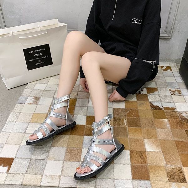 

women's sandals rivet flats cool ladies ankle buckle strap punk shoes summer pu female plus size 2020 fashion new woman hot, Black