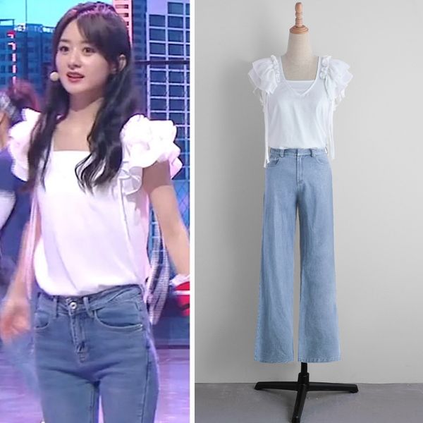 

zhao liying jeans and jeansjeanshappy camp tiktok same white feifei sleeve v-neck short sleeve chiffon shirt t-shirt jeans zbxvu zbx, Gray